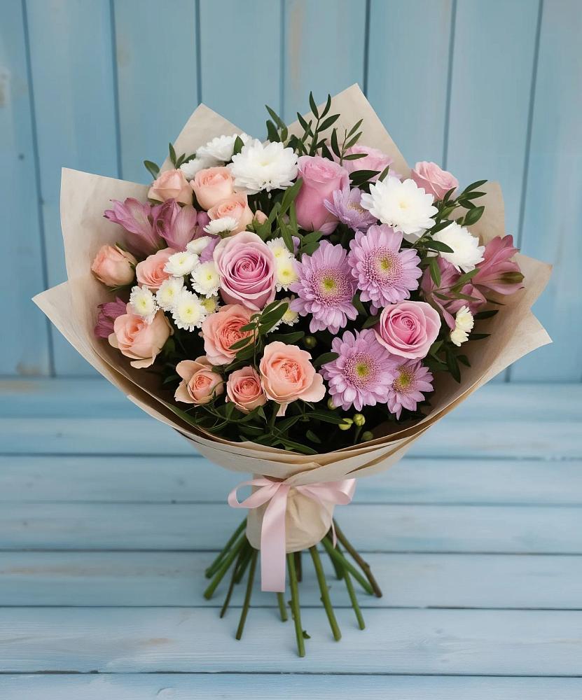 Букет цветов из: Хризантемы, Розы и Альстромерии в Горняцком