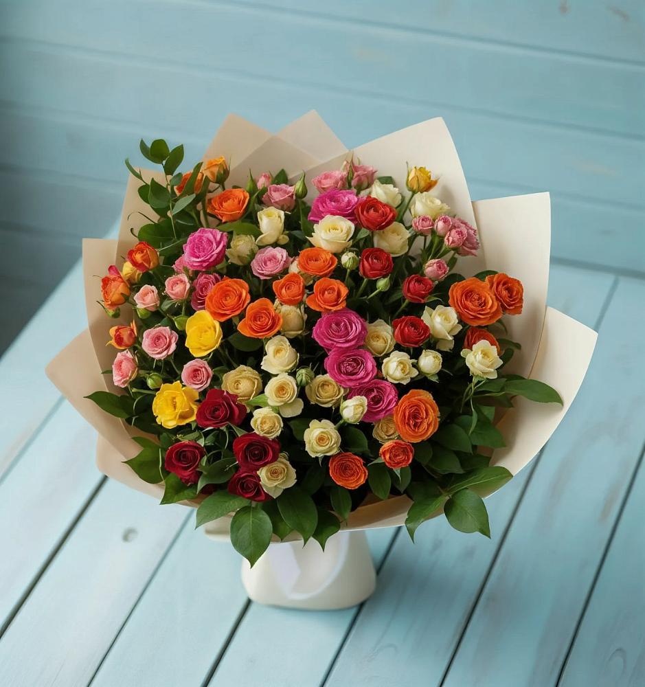 Букет Микс из разноцветных кустовых роз в Горняцком