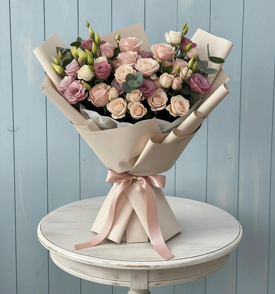 Букет цветов из: Розы и Лизиантусы в Горняцком