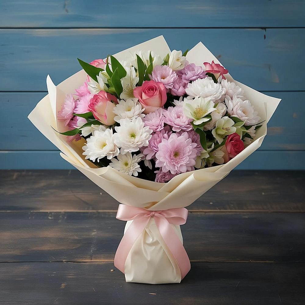 Букет цветов из: Хризантемы, Альстромерии и Розы в Горняцком